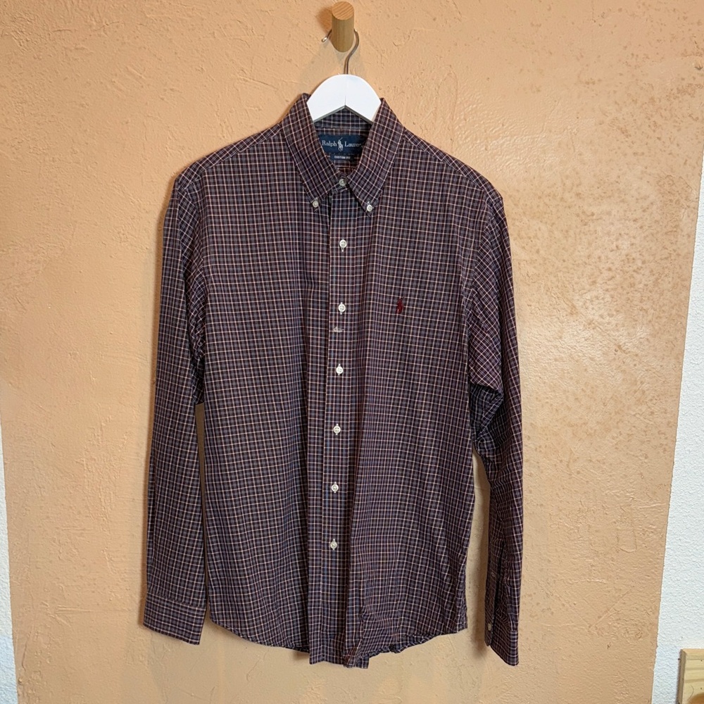 RALPH LAUREN Mens Burgundy Checkered Button Down Shirt Size L GRADUATION